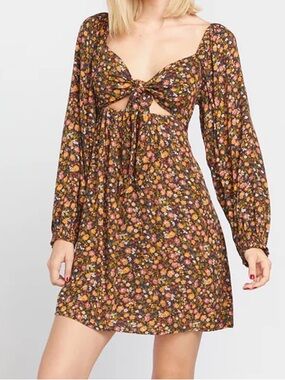 Volcom Brown Floral Tie-Front Long Sleeve Mini Dress